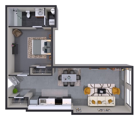 Floor plan for 1 bed, 1 bath, 605 sqft